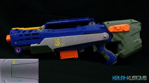 Longshot Pump Grip for Orange Mod Works. Featuring brushed metal graphic with OMW logo and rubber grip.